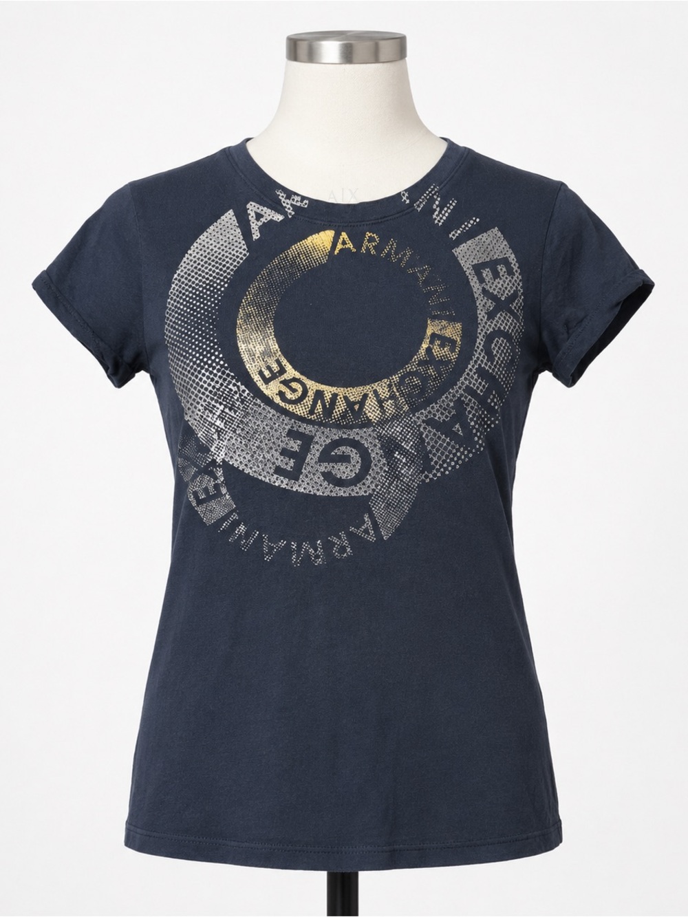 Armani Exchange XS Navy Graphic Logo Tee Gold Silver Short Sleeve Shirt